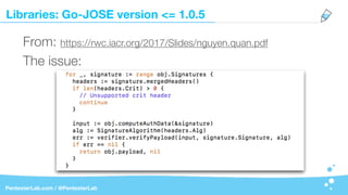 Libraries: Go-JOSE version <= 1.0.5
PentesterLab.com / @PentesterLab
From: https://rwc.iacr.org/2017/Slides/nguyen.quan.pdf
The issue:
 