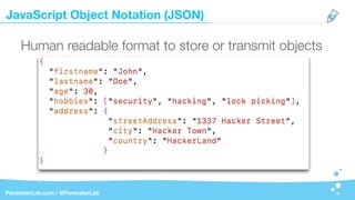 JavaScript Object Notation (JSON)
PentesterLab.com / @PentesterLab
Human readable format to store or transmit objects
 