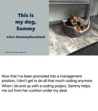 Now that I've been promoted into a management
position, I don't get to do all that much coding anymore.
When I do end up with a coding project, Sammy helps
me out from her cushion under my desk
This is
my dog,
Sammy
a/k/a @sammyGenehack
SCaLE 15x – 5 Mar 2017 – @genehack 4
 
