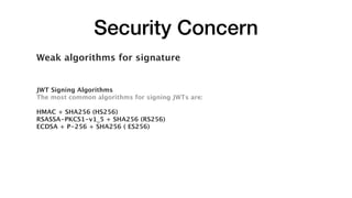 Security Concern
Weak algorithms for signature
JWT Signing Algorithms
The most common algorithms for signing JWTs are:
HMAC + SHA256 (HS256)
RSASSA-PKCS1-v1_5 + SHA256 (RS256)
ECDSA + P-256 + SHA256 ( ES256)
 