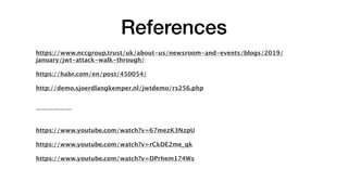 References
https://www.nccgroup.trust/uk/about-us/newsroom-and-events/blogs/2019/
january/jwt-attack-walk-through/
https://habr.com/en/post/450054/
http://demo.sjoerdlangkemper.nl/jwtdemo/rs256.php
——————
https://www.youtube.com/watch?v=67mezK3NzpU
https://www.youtube.com/watch?v=rCkDE2me_qk
https://www.youtube.com/watch?v=DPrhem174Ws
 