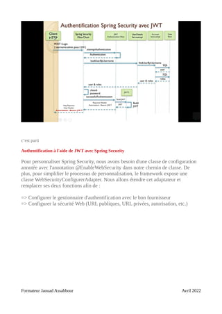 c’est parti
Authentification à l'aide de JWT avec Spring Security
Pour personnaliser Spring Security, nous avons besoin d'une classe de configuration
annotée avec l'annotation @EnableWebSecurity dans notre chemin de classe. De
plus, pour simplifier le processus de personnalisation, le framework expose une
classe WebSecurityConfigurerAdapter. Nous allons étendre cet adaptateur et
remplacer ses deux fonctions afin de :
=> Configurer le gestionnaire d'authentification avec le bon fournisseur
=> Configurer la sécurité Web (URL publiques, URL privées, autorisation, etc.)
Formateur Jaouad Assabbour Avril 2022
 