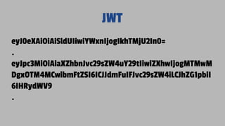 JWT
eyJ0eXAiOiAiSldUIiwiYWxnIjogIkhTMjU2In0=
.
eyJpc3MiOiAiaXZhbnJvc29sZW4uY29tIiwiZXhwIjogMTMwM
DgxOTM4MCwibmFtZSI6ICJJdmFuIFJvc29sZW4iLCJhZG1pbiI
6IHRydWV9
.
 