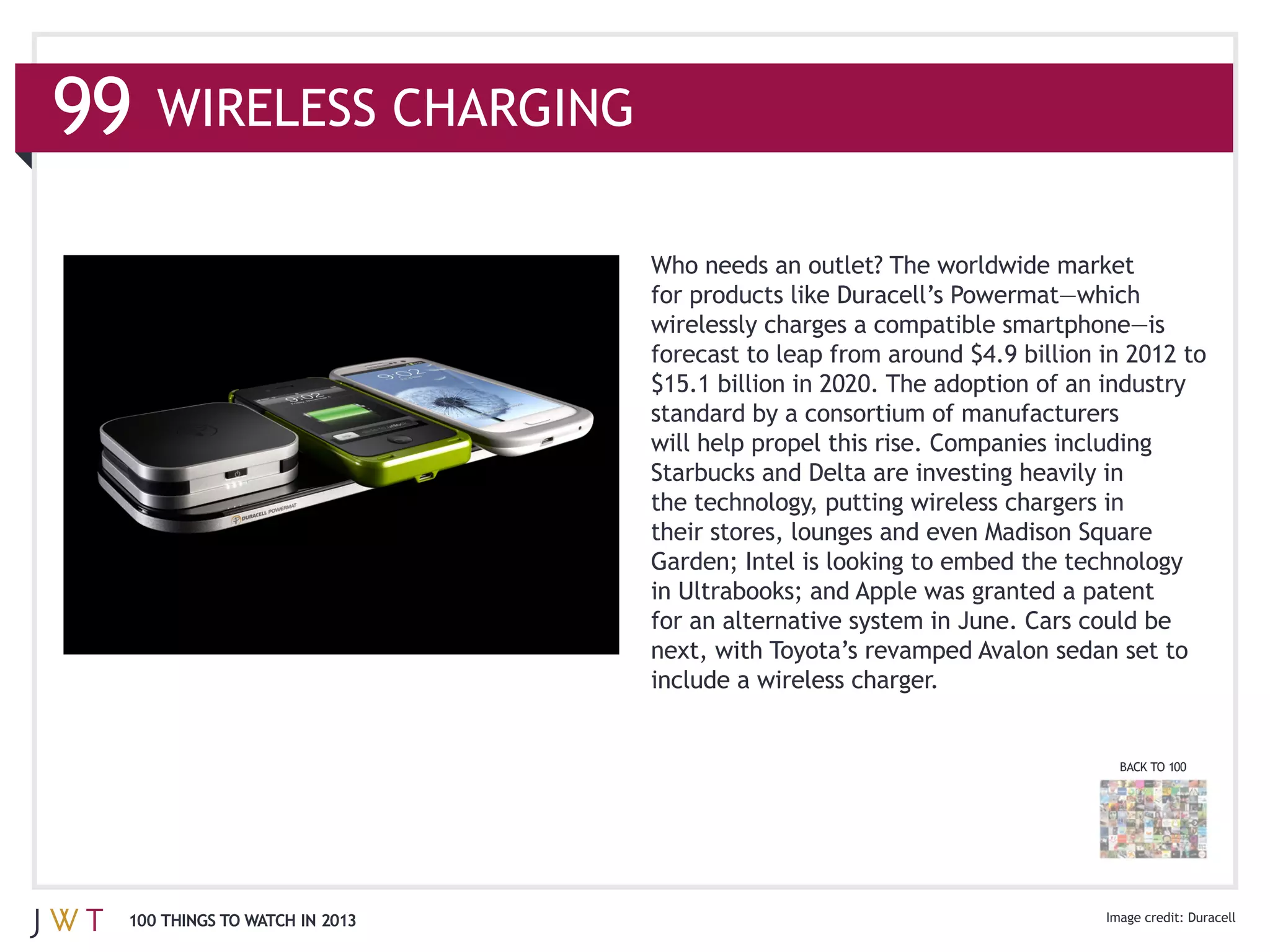 99   WIRELESS CHARGING




                               BACK TO 100




 100 THINGS TO WATCH IN 2013                 Duracell
 