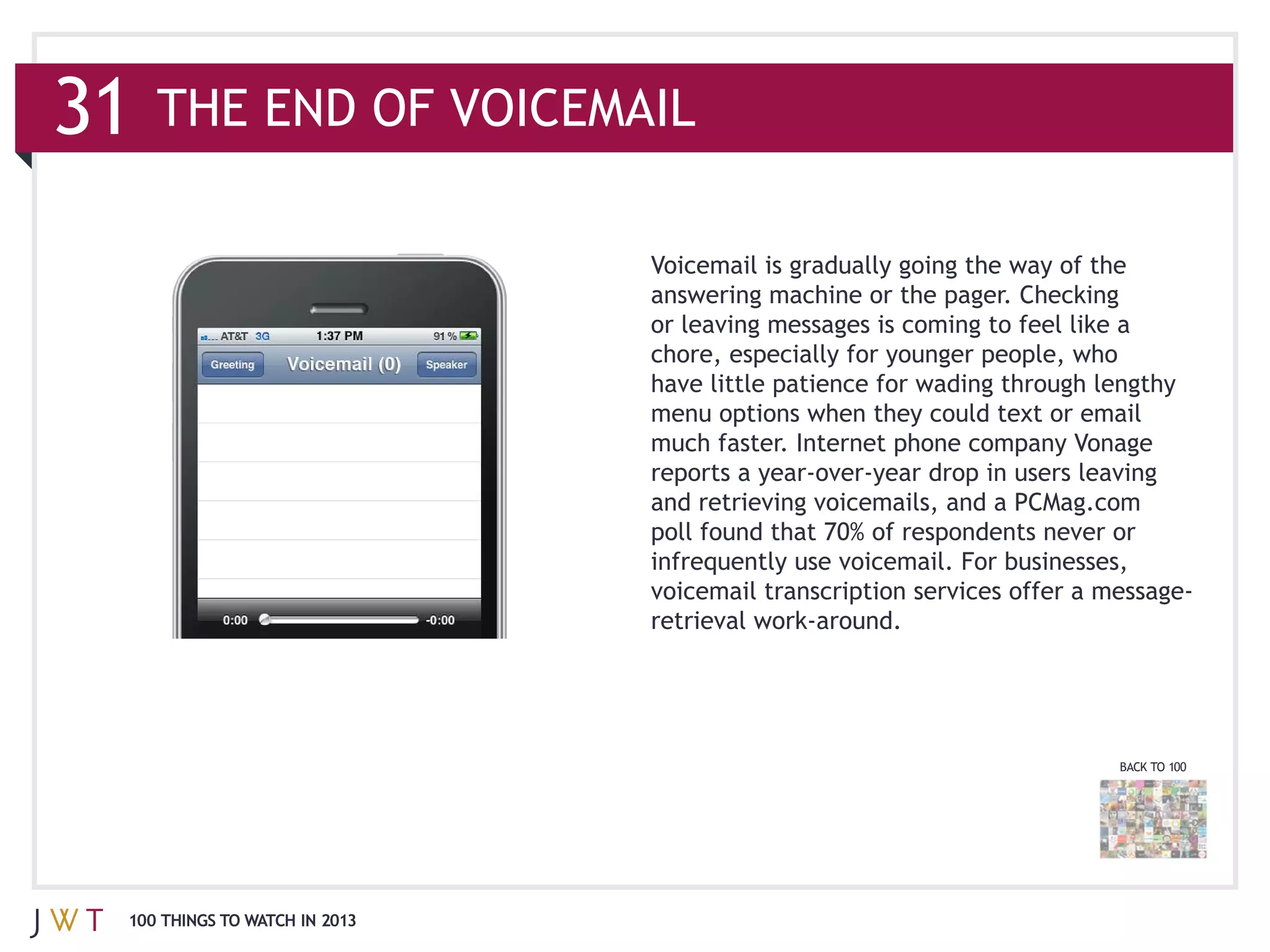 31   THE END OF VOICEMAIL



                               or leaving messages is coming to feel like a



                               much faster. Internet phone company Vonage




                                                                          BACK TO 100




 100 THINGS TO WATCH IN 2013
 