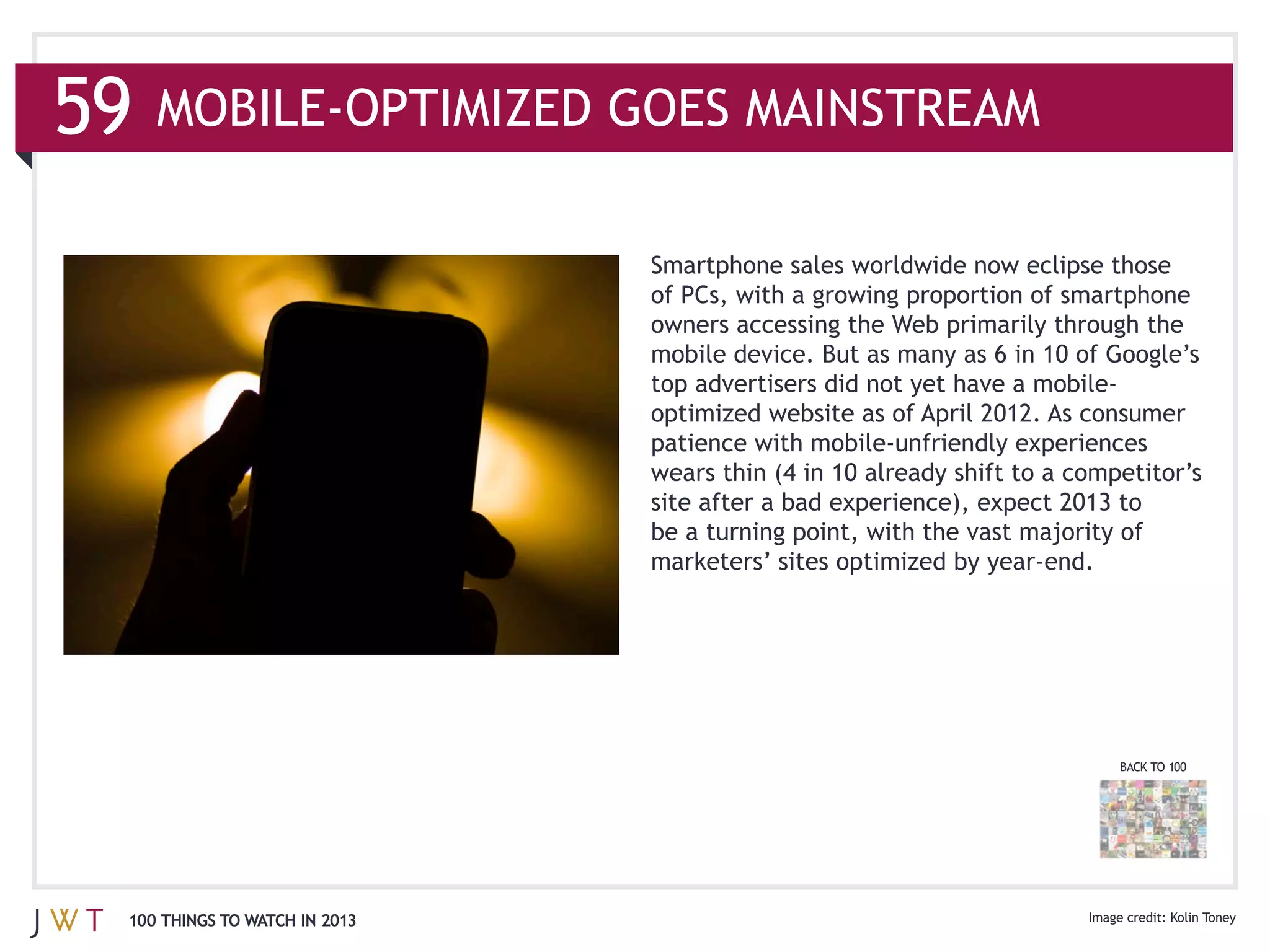 BACK TO 100




100 THINGS TO WATCH IN 2013           Kolin Toney
 