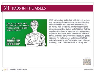 21   DADS IN THE AISLES



                               on moms. Men are taking on more cooking and
                               cleaning, parenting duties and shopping. As they
                               populate the aisles of supermarkets, drugstores,

                               taking the male perspective into account, goods
                               retooled for male appeal and messaging that




                                                                        BACK TO 100




 100 THINGS TO WATCH IN 2013
 