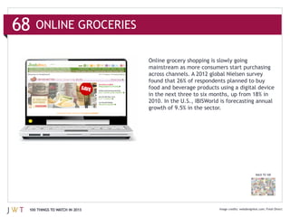 68   ONLINE GROCERIES


                               mainstream as more consumers start purchasing




                               2010. In the U.S., IBISWorld is forecasting annual




                                                                          BACK TO 100




 100 THINGS TO WATCH IN 2013                                                     Fresh Direct
 