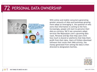 data as currency. We’ll see consumers adopt
                              services like Reputation.com’s upcoming data




                              money generated from selling the data is then
                              directed to designated charities.




                                                                       BACK TO 100




100 THINGS TO WATCH IN 2013                                                          Enliken
 