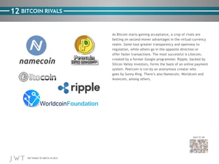 12 BITCOIN RIVALS

Anoncoin, among others.

BACK TO 100

100 THINGS TO WATCH IN 2014

 