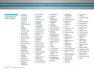 100 THINGS TO WATCH IN 2014
100 THINGS TO WATCH IN 2014
OUR THINGS TO
WATCH IN 2014
	1.	3D Printer
Retail Hubs
	2.	3D Printing
Accessories
	3.	 Aerial Yoga
	4.	African
Contemporary Art
	5.	Algae
	6.	Ambient
Commerce
	7.	Armchair Travel
	8.	Arrested IRL
Development
	9.	Art Incubators
	10.	AwesomenessTV
	11.	Beacons
	12.	Bitcoin Rivals
	13.	Bitcoins Bust Out
	14.	Branded
Real Estate
Development
	15.	Brands Blur
Gender Lines
	16.	Brands in Space
	17.	Brazil As
Debutante
	18.	Brazilian Art
	19.	Breath Analysis
	20.	Catering to
Chemical
Sensitivities
	21.	Chinese Wines
	22.	The Circular
Economy
	23.	Cocktails on Tap
	24.	Community-
Supported
Everything
	25.	Contemplative
Computing
	26.	Couriers on Call
	27.	Craft Mocktails
	28.	Deconstructed
Dinners
	29.	Delivery Wars
	30.	Demonizing
Food Dyes
	31.	Digital Art
	32.	Digital Grieving
	33.	Divorce Parties
	34.	Drone Regulation
	35.	E-Cigarette
Regulation
	36.	Edible Packaging
	37.	Equal Rights
for Men
	38.	Fashion for the
Space Age
	39.	Fast Food Tofu
	40.	Feel-Good Fashion
	
41.	Glanceable UI
	42.	Glassware
	43.	Godless
Congregations
	44.	Google Glass
Etiquette
	45.	Hacking’s
New Frontier
	46.	Haptic Technology
	47.	Hashtag Fatigue
	48.	Heads-Up
Movement
	49.	Homemade Baby
Food Delivery
	50.	Human Touches
	51.	Infused Ice Cubes
	52.	Internet Safety
Nets
	53.	Jumia
	54.	Kid-Bots
	55.	Live Broadcasts
	56.	Makeup Salons
	57.	The Marijuana
Market
	58.	mEmployment
	59.	Messaging Apps
As Retail Channel
	60.	Metadata
	61.	Mindfulness
in Classrooms
	62.	Minimoons
	63.	Minute to Read It
	64.	Needle-Free
Vaccines
	65.	Oculus Rift
	66.	OTT TV
	67.	Photoshop for All
	68.	Podcast One
	69.	Privacy by Design
	70.	Privacy
Marketplace
	71.	Regional Ethnic
Cuisine
	72.	Robotic Security
Guards
	73.	Role-Playing
Adventures
	74.	Savory Yogurt
	75.	Seamless Payments
	76.	Semiautonomous
Cars
	77.	Sensory Literacy As
Core Curriculum
	78.	Sight-Running
	79.	Smart Vending
Machines
	80.	Snail Slime
	81.	Sochi’s Third
Coming
82.	The Social Divide
	83.	Soju
	84.	Speaking Visually
	85.	Sports Mashups
	86.	Stealth Health
	87.	Survival of the
Focused
	88.	Tablet-First TV
	89.	Techno-Paranoia
	90.	Telediagnostics
	91.	Telepresence
Robots
	92.	Traditional
Folk Clothing
	93.	Ugly Produce
	94.	Unconventional
Models
	95.	Vaping Lounges
	96.	Vegetable Co-Stars
	97.	Verified Reviewers
	98.	Virtual Stickers
Come to Life
	99.	Xbox Programming
	100.Xiaomi
 