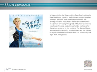 100 THINGS TO WATCH IN 2014
55
BACK TO 100
Image credit: NBC
LIVE BROADCASTS
As big events like the Oscars and the Super Bowl continue to
draw blockbuster ratings, a stark contrast to other broadcast
offerings, watch for more emphasis on live shows that
leverage real-time social media chatter and skirt the issue
of audiences forwarding through ads. NBC plans to make live
broadcasts of musical productions a holiday tradition after
the ratings success of its live version of The Sound of Music.
We’re also seeing an uptick in live commercials, like a series
of improv-based spots that Lexus ran in fall 2013 during Late
Night With Jimmy Fallon.
 