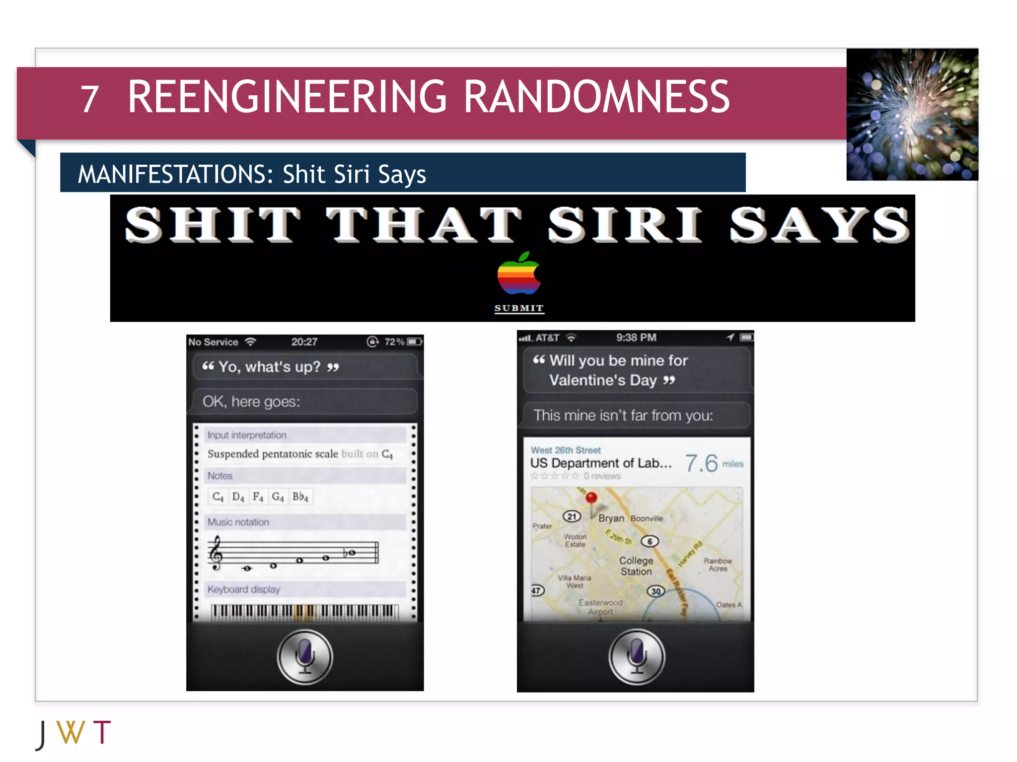 7   REENGINEERING RANDOMNESS
MANIFESTATIONS: Shit Siri Says

3
 