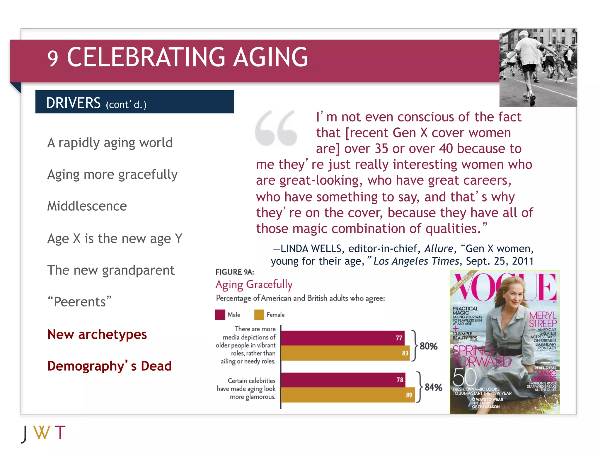 9   CELEBRATING AGING
DRIVERS   (cont’d.)
                                   I’m not even conscious of the fact
                                   that [recent Gen X cover women
A
   GENERATION
3rapidly aging world     GO        are] over 35 or over 40 because to
                         me they’re just really interesting women who
Aging more gracefully    are great-looking, who have great careers,
                         who have something to say, and that’s why
Middlescence             they’re on the cover, because they have all of
                         those magic combination of qualities.”
Age X is the new age Y
                           —LINDA WELLS, editor-in-chief, Allure, “Gen X women,
                           young for their age,” Los Angeles Times, Sept. 25, 2011
The new grandparent

“Peerents”

New archetypes

Demography’s Dead
 