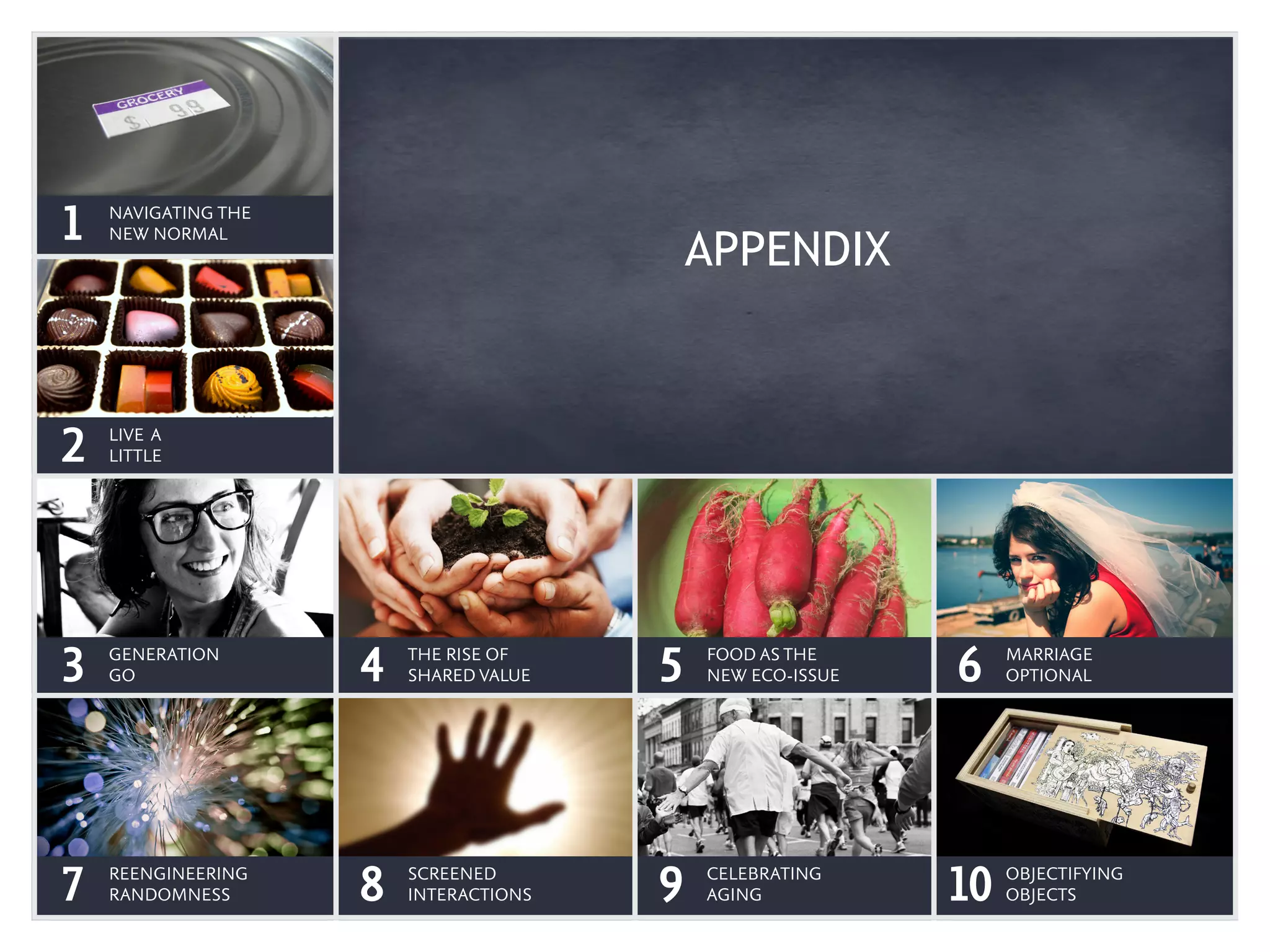 NAVIGATING THE
1   NEW NORMAL
                                            APPENDIX


    LIVE A
2   LITTLE




    GENERATION           THE RISE OF        FOOD AS THE          MARRIAGE
3   GO               4   SHARED VALUE   5   NEW ECO-ISSUE   6    OPTIONAL




    REENGINEERING        SCREENED           CELEBRATING          OBJECTIFYING
7   RANDOMNESS       8   INTERACTIONS   9   AGING           10   OBJECTS
 