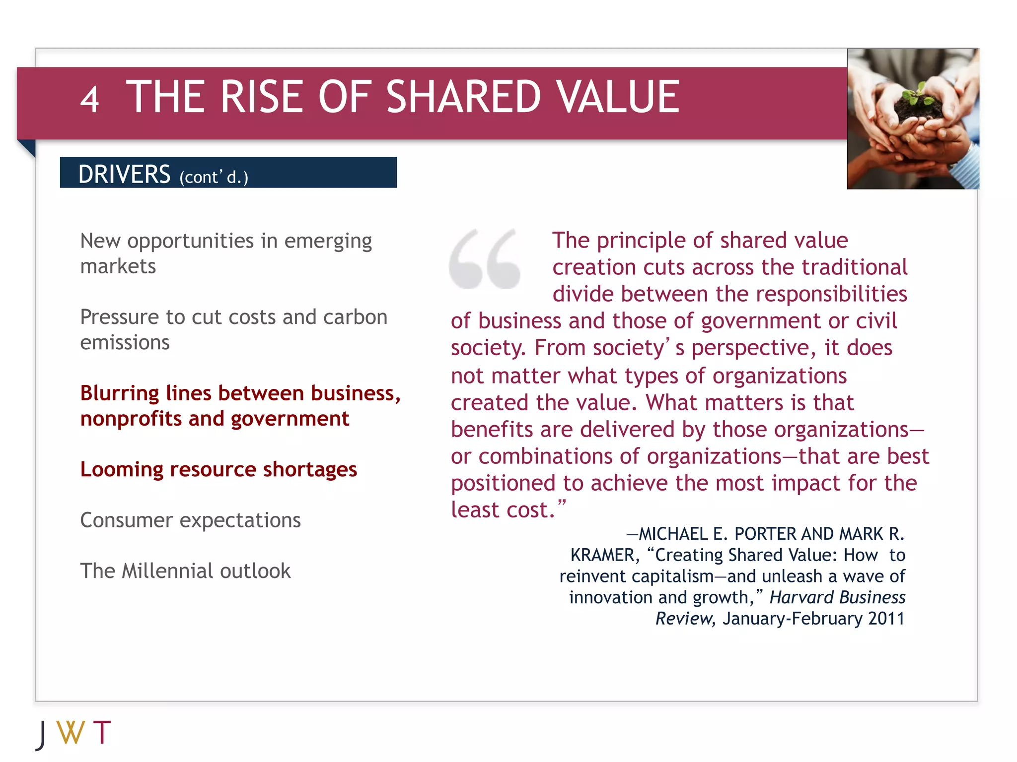 4   THE RISE OF SHARED VALUE
DRIVERS   (cont’d.)


New
    GTION GO
3 opportunities in emerging
markets
                                              The principle of shared value
                                              creation cuts across the traditional
                                              divide between the responsibilities
Pressure to cut costs and carbon   of business and those of government or civil
emissions                          society. From society’s perspective, it does
                                   not matter what types of organizations
Blurring lines between business,   created the value. What matters is that
nonprofits and government
                                   benefits are delivered by those organizations—
                                   or combinations of organizations—that are best
Looming resource shortages
                                   positioned to achieve the most impact for the
Consumer expectations              least cost.”
                                                     —MICHAEL E. PORTER AND MARK R.
                                              KRAMER, “Creating Shared Value: How to
The Millennial outlook                       reinvent capitalism—and unleash a wave of
                                              innovation and growth,” Harvard Business
                                                         Review, January-February 2011
 