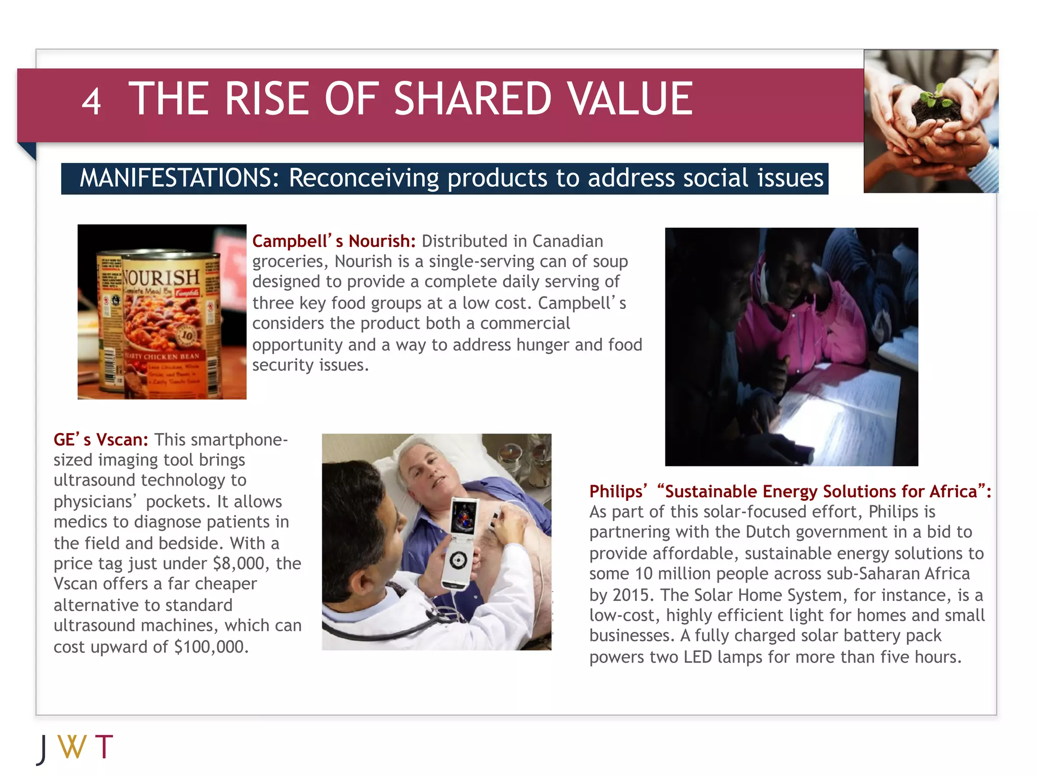 4     THE RISE OF SHARED VALUE
   MANIFESTATIONS: Reconceiving products to address social issues


   3      GTION GO       Campbell’s Nourish: Distributed in Canadian
                         groceries, Nourish is a single-serving can of soup
                         designed to provide a complete daily serving of
                         three key food groups at a low cost. Campbell’s
                         considers the product both a commercial
                         opportunity and a way to address hunger and food
                         security issues.



GE’s Vscan: This smartphone-
sized imaging tool brings
ultrasound technology to
                                                                    Philips’ “Sustainable Energy Solutions for Africa”:
physicians’ pockets. It allows
                                                                    As part of this solar-focused effort, Philips is
medics to diagnose patients in
                                                                    partnering with the Dutch government in a bid to
the field and bedside. With a
                                                                    provide affordable, sustainable energy solutions to
price tag just under $8,000, the
                                                                    some 10 million people across sub-Saharan Africa
Vscan offers a far cheaper
                                                                    by 2015. The Solar Home System, for instance, is a
alternative to standard
                                                                    low-cost, highly efficient light for homes and small
ultrasound machines, which can
                                                                    businesses. A fully charged solar battery pack
cost upward of $100,000.
                                                                    powers two LED lamps for more than five hours.
 