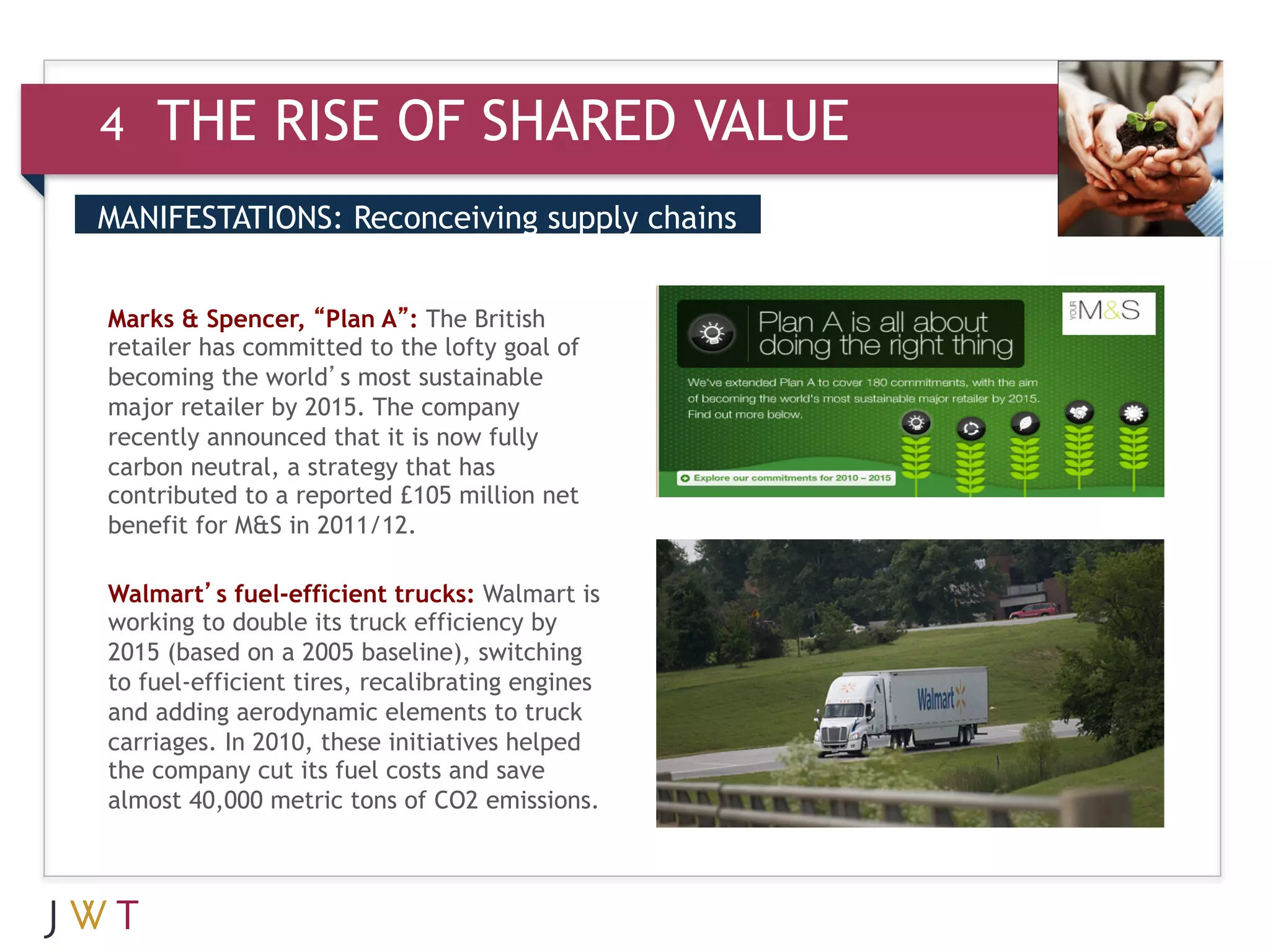 4   THE RISE OF SHARED VALUE
DRIVERS
MANIFESTATIONS: Reconceiving supply chains


3 GTION GO British
Marks & Spencer, “Plan A”: The
retailer has committed to the lofty goal of
becoming the world’s most sustainable
major retailer by 2015. The company
recently announced that it is now fully
carbon neutral, a strategy that has
contributed to a reported £105 million net
benefit for M&S in 2011/12.

Walmart’s fuel-efficient trucks: Walmart is
working to double its truck efficiency by
2015 (based on a 2005 baseline), switching
to fuel-efficient tires, recalibrating engines
and adding aerodynamic elements to truck
carriages. In 2010, these initiatives helped
the company cut its fuel costs and save
almost 40,000 metric tons of CO2 emissions.
 