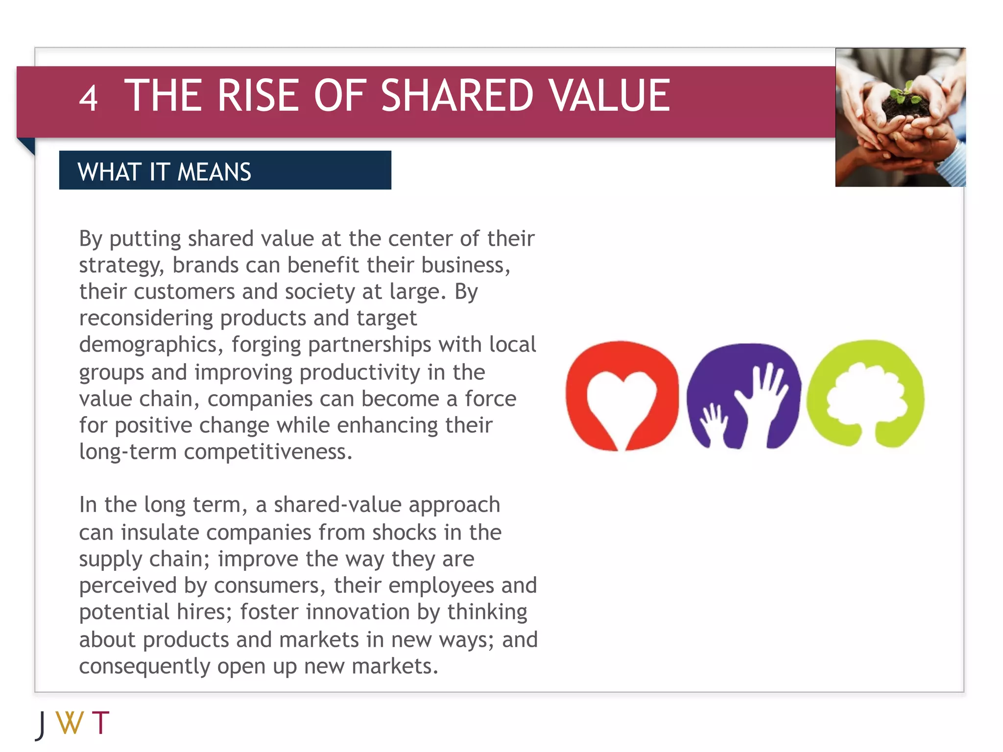 4   THE RISE OF SHARED VALUE
DRIVERS MEANS
WHAT IT
 WHAT IT MEANS
By
     GTION GO
3 putting shared value at the center of their
strategy, brands can benefit their business,
their customers and society at large. By
reconsidering products and target
demographics, forging partnerships with local
groups and improving productivity in the
value chain, companies can become a force
for positive change while enhancing their
long-term competitiveness.

In the long term, a shared-value approach
can insulate companies from shocks in the
supply chain; improve the way they are
perceived by consumers, their employees and
potential hires; foster innovation by thinking
about products and markets in new ways; and
consequently open up new markets.
 