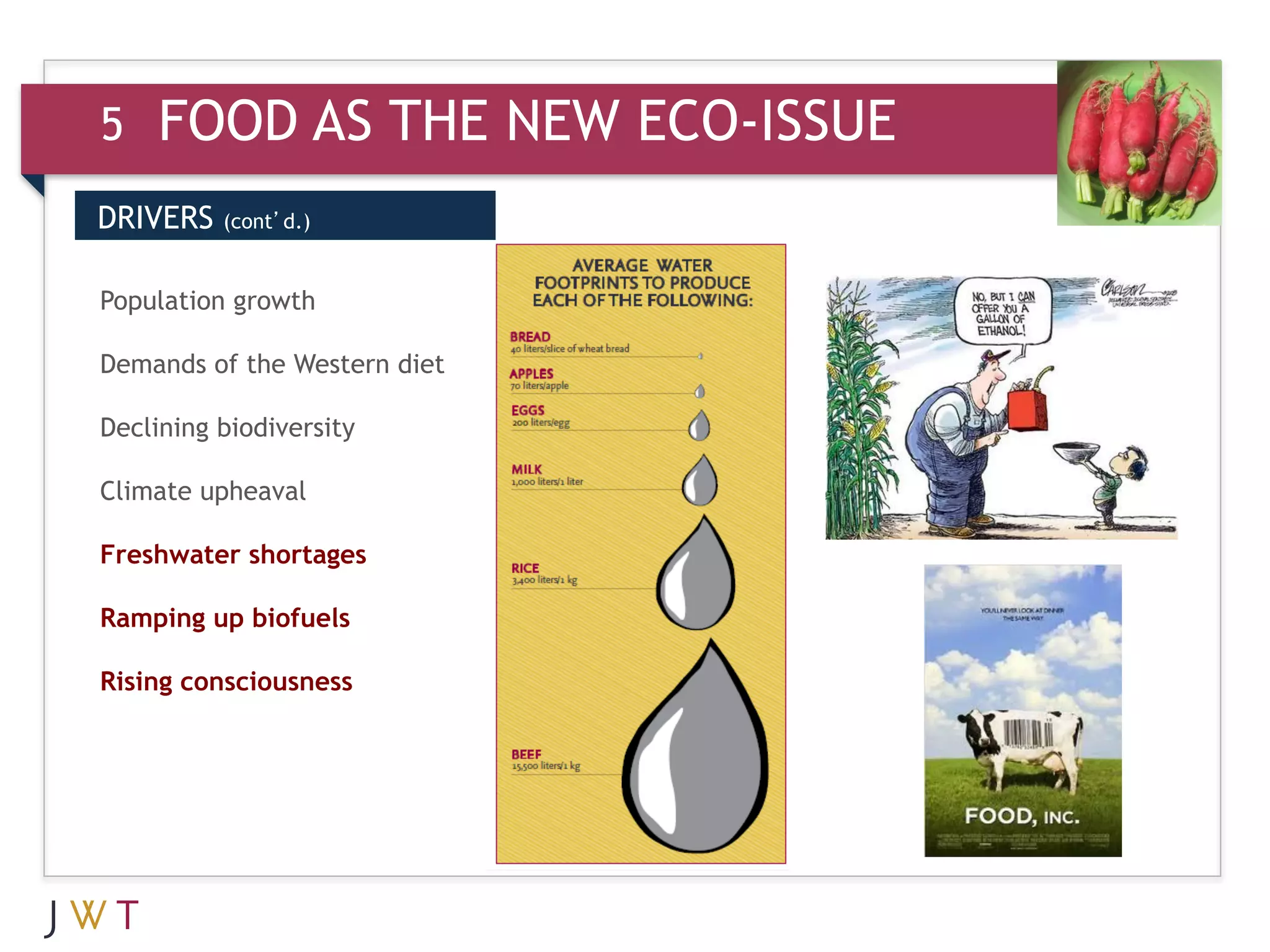 5    FOOD AS THE NEW ECO-ISSUE
DRIVERS (cont’d.)
        (cont’d.)



GO growth
Population

Demands of the Western diet

Declining biodiversity

Climate upheaval

Freshwater shortages

Ramping up biofuels

Rising consciousness
 