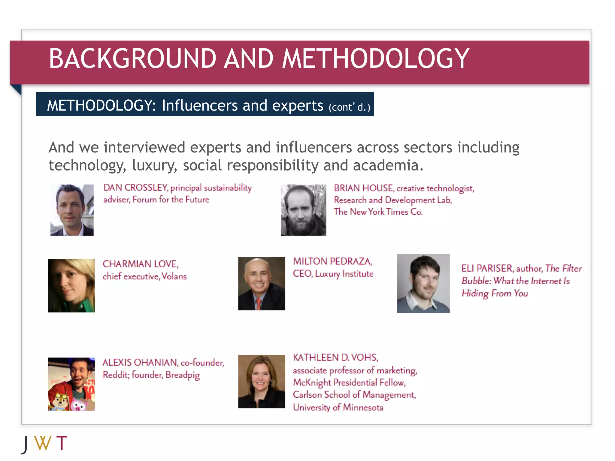 BACKGROUND AND METHODOLOGY
METHODOLOGY: Influencers and experts   (cont’d.)



3 GENERATION GO and academia.  including
And we interviewed experts and influencers across sectors
technology, luxury, social responsibility
 