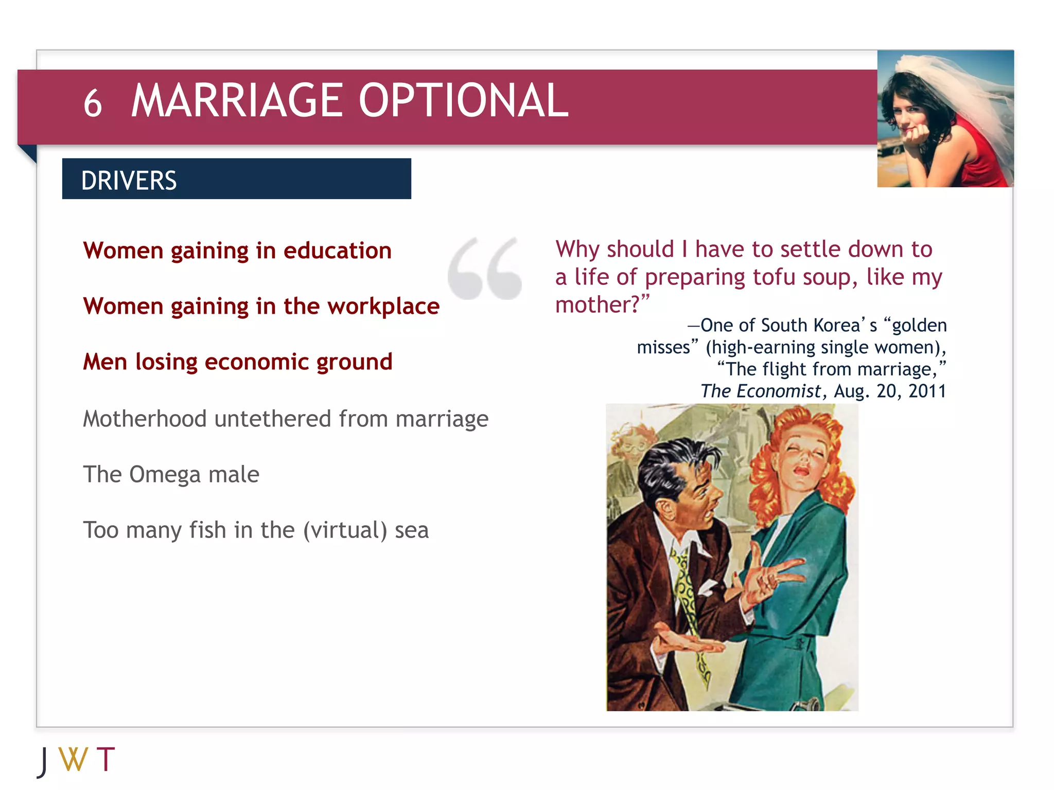 6   MARRIAGE OPTIONAL
DRIVERS


3 GENERATION
Women gaining in education
                                     GO   Why should I have to settle down to
                                          a life of preparing tofu soup, like my
Women gaining in the workplace            mother?”
                                                        —One of South Korea’s “golden
                                                  misses” (high-earning single women),
Men losing economic ground                                 “The flight from marriage,”
                                                         The Economist, Aug. 20, 2011
Motherhood untethered from marriage

The Omega male

Too many fish in the (virtual) sea
 
