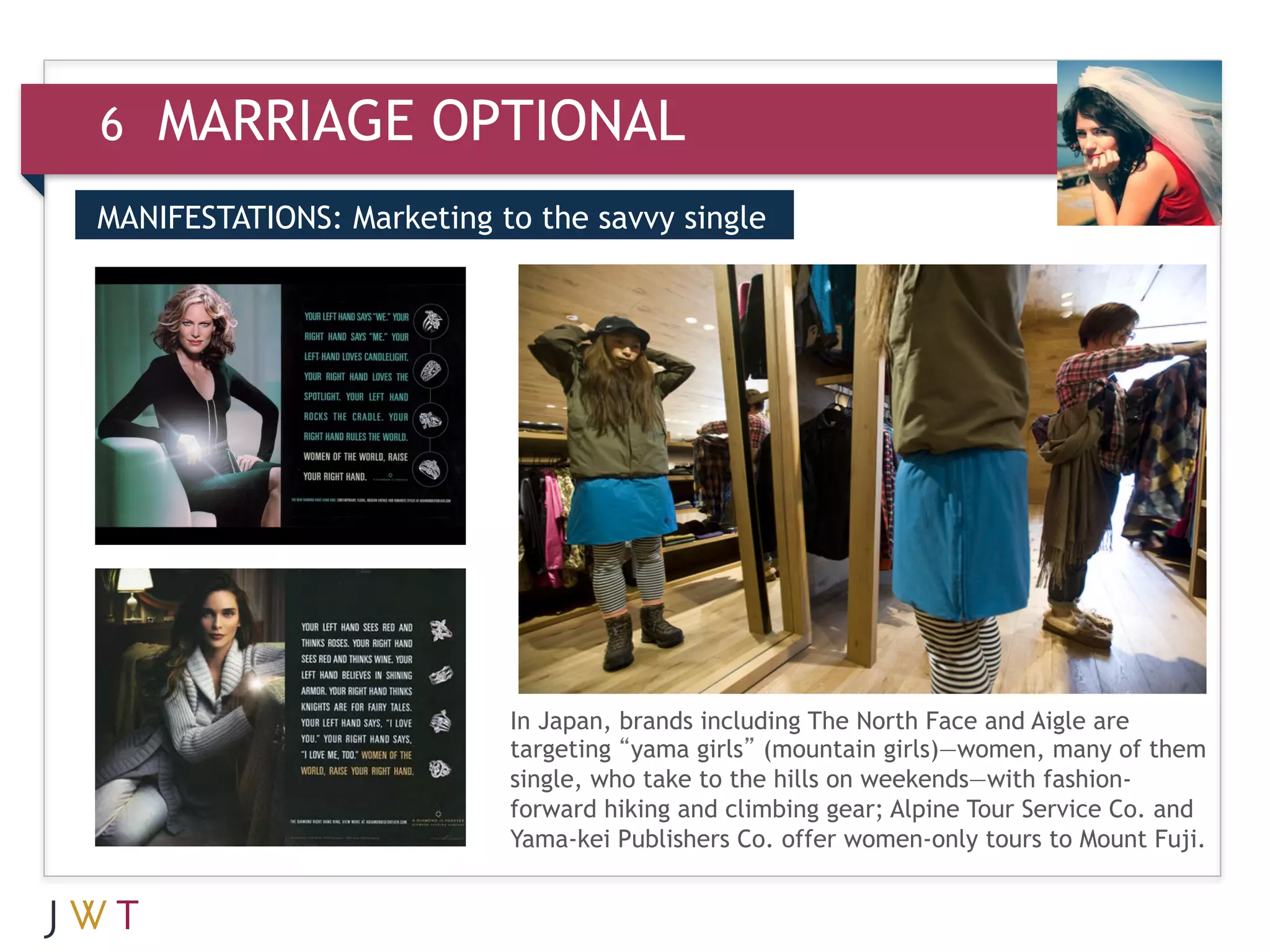 6   MARRIAGE OPTIONAL
MANIFESTATIONS: Marketing to the savvy single


3   GENERATION GO




                           In Japan, brands including The North Face and Aigle are
                           targeting “yama girls” (mountain girls)—women, many of them
                           single, who take to the hills on weekends—with fashion-
                           forward hiking and climbing gear; Alpine Tour Service Co. and
                           Yama-kei Publishers Co. offer women-only tours to Mount Fuji.
 