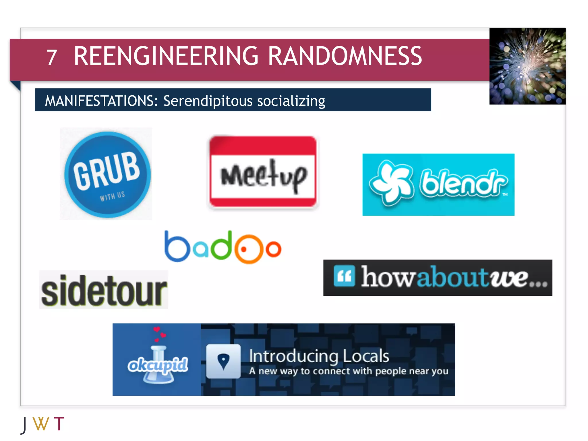 7   REENGINEERING RANDOMNESS
MANIFESTATIONS: Serendipitous socializing

3
 