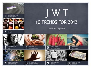 NAVIGATING THE
1   NEW NORMAL



                                 10 TRENDS FOR 2012
                                        June 2012 Update
    LIVE A
2   LITTLE




    GENERATION           THE RISE OF        FOOD AS THE          MARRIAGE
3   GO               4   SHARED VALUE   5   NEW ECO-ISSUE   6    OPTIONAL




    REENGINEERING        SCREENED           CELEBRATING          OBJECTIFYING
7   RANDOMNESS       8   INTERACTIONS   9   AGING           10   OBJECTS
 