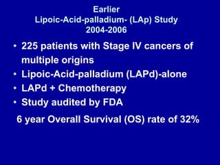 Earlier
Lipoic-Acid-palladium- (LAp) Study
2004-2006
• 225 patients with Stage IV cancers of
multiple origins
• Lipoic-Aci...
