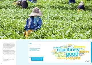 ASEAN CONSUMERS & THE AEC

Consumers believe the AEC will have
the most positive impact on companies
and governments, a notable 60% feel it
will have a ‘very positive’ or ‘somewhat
positive’ impact on themselves,
personally, and their family.
The least developed countries are the
most upbeat: the perception of a positive
impact from the AEC on every aspect of
life, close and far from home, is about
20% higher in Philippines, Indonesia and
Vietnam than it is in Singapore. That
could be due to a more positive national
outlook or the hope that the AEC
will make a bigger difference to their
developing economy.

30

ASEAN CONSUMERS & THE AEC

…there is an overall hopeful sentiment of good
things to come, especially when it comes the
economy and trade.

ANTICIPATED CHANGES WHEN
AEC IS IMPLEMENTED
(EXCLUDING ‘DON’T KNOW’)

Q

What, if anything, do you think will change, good
or bad, when the ASEAN Economic Community
is fully implemented in 2015? If you don’t know,
please just say so.

31

 