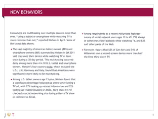 NEW BEHAVIORS

Consumers are multitasking over multiple screens more than
ever. “Using a tablet or smartphone while watching TV is
more common than not,” reported Nielsen in April. Some of
the latest data shows:

•	Among respondents to a recent Hollywood Reporter

•	The vast majority of American tablet owners (88%) and

•	Forrester reports that 63% of Gen Xers and 74% of

smartphone owners (86%) surveyed by Nielsen in Q4 2011
said they used their device while watching TV at least
once during a 30-day period. This multitasking occurred
daily among more than 4 in 10 U.S. tablet and smartphone
owners. Nielsen’s four-country study, which included the
U.S., U.K, Germany and Italy, found that Americans were
significantly more likely to be multitasking.

survey of social network users ages 13 to 49, 79% always
or sometimes visit Facebook while watching TV, and 83%
surf other parts of the Web.

Millennials use a second-screen device more than half
the time they watch TV.

•	Among U.S. tablet owners age 13-plus, Nielsen found that
a significant percentage followed up online after seeing a
TV ad, with 27% looking up related information and 22%
looking up related coupons or deals. More than 4 in 10
checked a social networking site during either a TV show
or commercial break.

5

 