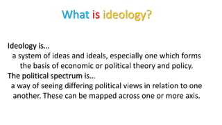 Ideology is…
a system of ideas and ideals, especially one which forms
the basis of economic or political theory and policy.
The political spectrum is…
a way of seeing differing political views in relation to one
another. These can be mapped across one or more axis.
What is ideology?
 