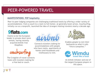 Peer-to-peer lodging companies are challenging traditional hotels by offering a wider variety of
accommodations—from a couch to a room to full homes—at generally lower prices. Couchsurfing,
initially run as a nonprofit, launched the idea of strangers hosting travelers nearly a decade ago.
MANIFESTATIONS: P2P hospitality
Claims to be the European
leader in private short-term
rentals, having recently
acquired Airbnb rival
iStopOver.
Connects travelers looking for
accommodations with people
who have rooms, apartments or
homes (and houseboats and
treehouses) to rent.
Enables people to rent their
backyards as what it calls
―micro-campsites.‖
The Craigslist of travel connects
hosts with travelers looking for
a free bed or couch.
An Airbnb imitator and one of
the largest European players in
this space.
PEER-POWERED TRAVEL
 