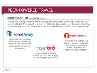 Peer-to-peer lodging companies are challenging traditional hotels by offering a wider variety of
accommodations—from a couch to a room to full homes—at generally lower prices. Couchsurfing,
initially run as a nonprofit, launched the idea of strangers hosting travelers nearly a decade ago.
MANIFESTATIONS: P2P hospitality (cont’d.)
Marketplace for vacation
home rentals, connecting
travelers with homeowners
and property management
companies.
A gay-friendly version of
Airbnb, for hosts who are gay
or welcoming of gay visitors.
Caters to mid- to high-end
business travelers looking for
alternatives to traditional
hotels. Properties are
―professionally managed.‖
PEER-POWERED TRAVEL
 