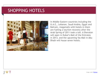 SHOPPING HOTELS
3 GENERATION GO
Image credit: Pullman
In Middle Eastern countries including the
U.A.E., Lebanon, Saudi Arabia, Egypt and
Bahrain, megamalls with hotels in them
are fueling a tourism recovery after the
Arab Spring of 2011 took a toll. A Sheraton
will open in Dubai’s Mall of the Emirates
in 2013, and the upcoming Yas Mall in Abu
Dhabi will house seven hotels.
 