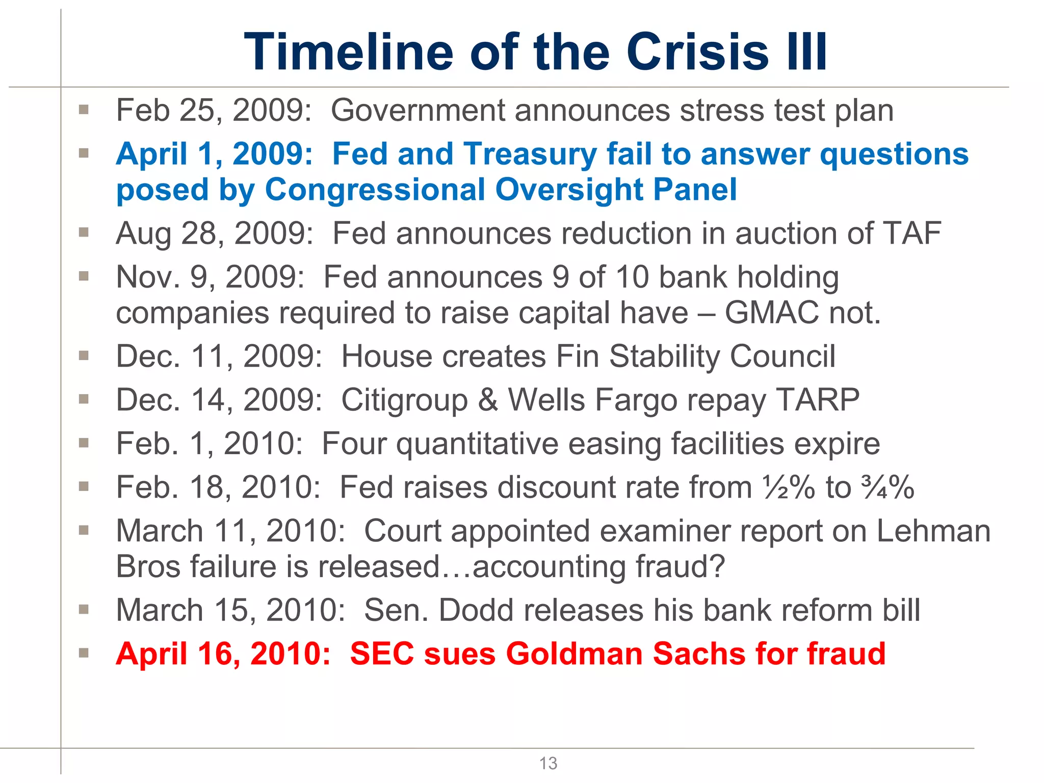 Timeline of the Crisis III Feb 25, 2009:  Government announces stress test plan April 1, 2009:  Fed and Treasury fail to answer questions posed by Congressional Oversight Panel Aug 28, 2009:  Fed announces reduction in auction of TAF Nov. 9, 2009:  Fed announces 9 of 10 bank holding companies required to raise capital have – GMAC not. Dec. 11, 2009:  House creates Fin Stability Council Dec. 14, 2009:  Citigroup & Wells Fargo repay TARP Feb. 1, 2010:  Four quantitative easing facilities expire Feb. 18, 2010:  Fed raises discount rate from ½% to ¾% March 11, 2010:  Court appointed examiner report on Lehman Bros failure is released…accounting fraud? March 15, 2010:  Sen. Dodd releases his bank reform bill  April 16, 2010:  SEC sues Goldman Sachs for fraud 