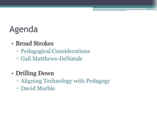 AgendaBroad StrokesPedagogical ConsiderationsGail Matthews-DeNataleDrilling DownAligning Technology with PedagogyDavid Marble
