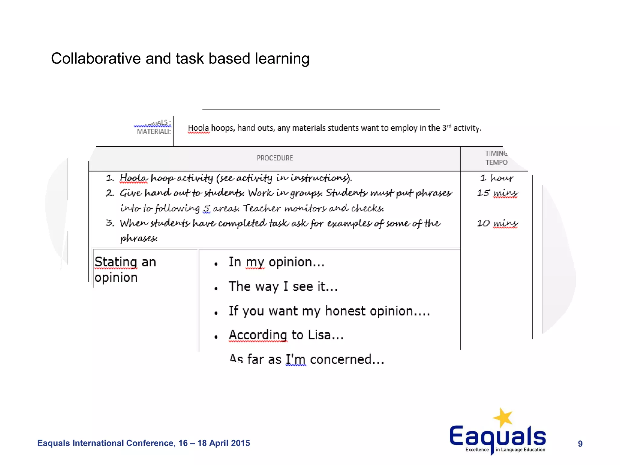 9Eaquals International Conference, 16 – 18 April 2015
Collaborative and task based learning
 