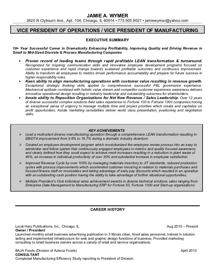 j wymer mfg vp resume vice president of operations resume