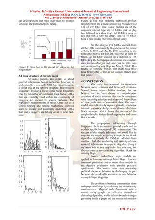 S.Geetha, K.Sathiya Kumari / International Journal of Engineering Research and
                     Applications (IJERA) ISSN: 2248-9622 www.ijera.com
                      Vol. 2, Issue 5, September- October 2012, pp.1748-1755
can discover posts that much older than two months      Figure 2: The four epidemic expression profiles
for blogs that published posts rarely.                  resulting from the k-means clustering procedure: (a)
                                                        124 of 259 URL time course profiles are of the
                                                        sustained interest type, (b) 51 URLs peak on day
                                                        two followed by a slow decay, (c) 38 URLs peak on
                                                        day one with a very fast decay, and (c) 46 URLs
                                                        have a peak on day one with a slower decay.

                                                                 For the analysis 259 URLs selected from
                                                        all the URLs mentioned by blogs between the period
                                                        of May 2, 2003 and May 21, 2003 according to the
                                                        following criteria: (i) the URL was cited at least 40
                                                        times, (ii) the URL was not on a stop list os 198
                                                        URLs (e.g. the homepages of common news sources
                                                        such as moveabletype.org), and (iii) the URL was
Figure 1: Time lag in the spread of videos in the       not mentioned by any blogs on May 2, 2003. This
blogosphere                                             tended to eliminate profiles that might have their
                                                        peak before May 2, but do not sustain interest past
3.4 Link structure of the web pages                     that point.
          Spreading patterns can greatly us about
general information flow in networks. However, to       4 CONCLUSION
understand how a specific URL has spread requires                 This study has examined the interaction
a closer look at the network structure. Blog creators   between social relations and behavioral relations.
frequently provide a list of other blogs frequently     Several issues require further analysis, but we
read by the author or automated track backs. URLs       believe that we have shown a comprehensive
that are reputably cited within the community of        overview of social relations that can be associated
bloggers are tracked by several websites. The           with readership relations and addressed the problem
popularity measurements of these URLs act as a          of link prediction in networked data. The novel
simple filtering and ranking mechanism, allowing        model can collectively capture globally predictive
users to quickly find potentially interesting URLs      intrinsic properties of objects and discover the latent
that many bloggers are talking about in near real-      block structure, which shows the success of the
time.                                                   coupled benefits feature based approaches and latent
                                                        block models.

                                                                  The propagation information through
                                                        blogspace, both to uncover general trends and to
                                                        explain specific instances of URL transmission. The
                                                        success of the simple inference, we would like to
                                                        augment the simple weighting scheme for the iRank
                                                        algorithm to include the SVM to calculate from
                                                        another. Both the availability and quantity of time
                                                        resolved information is unique to blog data. Using it
                                                        we were able to not only infer link structure, but
                                                        also to create a novel-ranking algorithm. iRank for
                                                        ranking blogs.
                                                                  Several probabilistic topic models are
                                                        applied to discourse within political blogs. A novel
                                                        comment prediction task to assess these models in
                                                        an objective evaluation with possible practical
                                                        applications. The results show that predicting
                                                        political discourse behavior is challenging, in part
                                                        because of considerable variation in user behavior
                                                        across different blog sites.

                                                                 The problem of mining communities from
                                                        web pages and blogs by exploiting the named entity
                                                        co-occurrence. Mapped web documents into a
                                                        named entity graph. An effective hierarchical
                                                        clustering algorithm, which utilities both the triangle
                                                        geometry inside a graph and the mutual information



                                                                                              1754 | P a g e
 