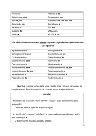 38
Propício a Próximo a, de
Relacionado com Responsável por
Rico de, em Satisfeito com, de, em, por
Seguro de, em Semelhante a
Sensível a Sito em
Suspeito de Útil a, para
Vazio de Vizinho a, de
Os advérbios terminados em -mente seguem a regência dos adjetivos de que
se originaram
Agradavelmente a Analogamente a
Compativelmente com Constantemente em
Contrariamente a Diferentemente de
Essencialmente para Facilmente de
Favoravelmente a Identicamente a
Impropriamente para Independentemente de, em
Indiferentemente de, em Necessariamente a
Paralelamente a Perpendicularmente a
Possivelmente de Posteriormente a
Quanto à regência verbal, trata-se da relação entre verbos e termos que os
complementam. Também para fins de consulta, temos a seguinte tabela.
Agradar
No sentido de “acariciar”, “fazer carinho”, “afagar”, exige complemento sem
preposição:
Deitou-se na rede e pôs-se a agradar o gato.
No sentido de “contentar”, “satisfazer”, é mais usado com complemento regido
pela preposição a:
O desempenho do artista agradou a todos.
 