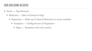 OUR BUILDING BLOCKS
➤ Atoms — Tag Elements
➤ Molecules — Pairs or Groups of Tags
➤ Organisms — Made up of Atoms/Molecules to create modules
➤ Templates — Conﬁgured set of Organisms
➤ Pages — Templates with real content
 