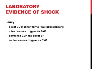 LABORATORY
EVIDENCE OF SHOCK
Fancy:
• direct CO monitoring via PAC (gold standard)
• mixed venous oxygen via PAC
• combined CVP and direct BP
• central venous oxygen via CVC
 