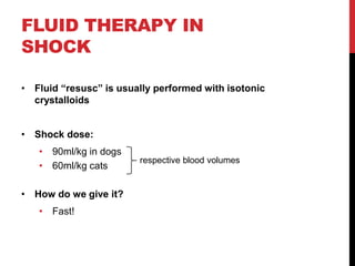FLUID THERAPY IN
SHOCK
• Fluid “resusc” is usually performed with isotonic
crystalloids
• Shock dose:
• 90ml/kg in dogs
• 60ml/kg cats
• How do we give it?
• Fast!
respective blood volumes
 