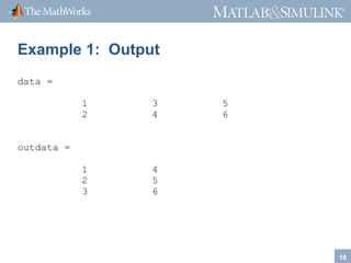 ®

®

Example 1: Output
data =
1
2

3
4

1
2
3

5
6

4
5
6

outdata =

10

 