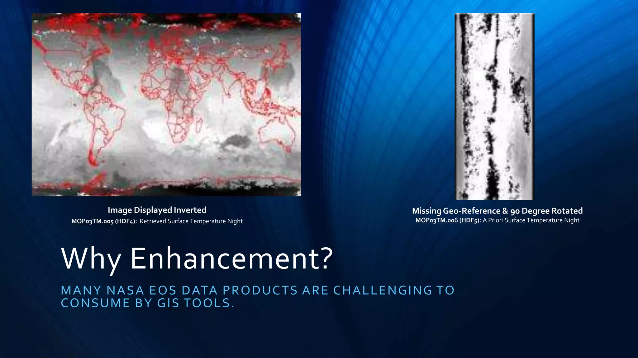 Why Enhancement?
MANY NASA EOS DATA PRODUCTS ARE CHALLENGING TO
CONSUME BY GIS TOOLS.
Image Displayed Inverted
MOP03TM.005 (HDF4): Retrieved Surface Temperature Night
Missing Geo-Reference & 90 Degree Rotated
MOP03TM.006 (HDF5): A Priori Surface Temperature Night
 
