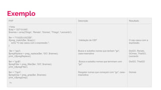 Exemplo
PHP Descrição Resultado
<?php
$cep = '22710-045';
$names = array('Diogo', 'Renato', 'Gomes', 'Thiago', 'Leonardo');
$er = '/^(d){5}-(d){3}$/';
if(preg_match($er, $cep)) {
echo "O cep casou com a expressão.";
}
$er = '/go/i';
$pregReplace = preg_replace($er, 'GO', $names);
print_r($pregReplace);
$er = '/go$/';
$pregFilter = preg_filter($er, 'GO', $names);
print_r($pregFilter);
$er = '/^go/i';
$pregGrep = preg_grep($er, $names);
print_r($pregGrep);
?>
Validação de CEP
Busca e substitui nomes que tenham "go",
case-insensitive
Busca e substitui nomes que terminam com
"go"
Resgatar nomes que começam com "go", case-
insensitive
O cep casou com a
expressão.
DioGO, Renato,
GOmes, ThiaGO,
Leonardo
DioGO, ThiaGO
Gomes
 