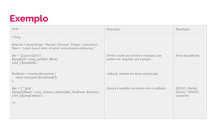 Exemplo
PHP Descrição Resultado
<?php
$names = array('Diogo', 'Renato', 'Gomes', 'Thiago', 'Leonardo');
$text = 'Lorem ipsum dolor sit amet, consectetuer adipiscing.';
$er = '/[[:punct:]s]s*/';
$pregSplit = preg_split($er, $text);
print_r($pregSplit);
$callback = function($matches) {
return strtoupper($matches[0]);
};
$er = '/(.*)go$/';
$pregCallback = preg_replace_callback($er, $callback, $names);
print_r($pregCallback);
?>
Divide o texto por pontos e espaços, que
podem ser seguidos por espaços
callback, retorna em letras maiúsculas
Busca e substitui de acordo com o callback
Array de palavras
DIOGO, Renato,
Gomes, THIAGO,
Leonardo
 