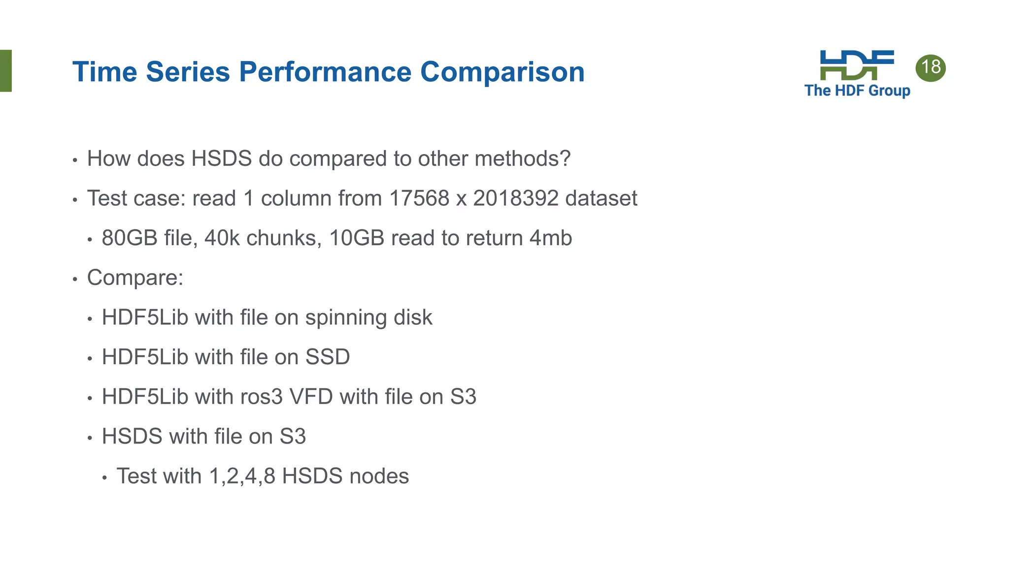 18
Time Series Performance Comparison
• How does HSDS do compared to other methods?
• Test case: read 1 column from 17568 x 2018392 dataset
• 80GB file, 40k chunks, 10GB read to return 4mb
• Compare:
• HDF5Lib with file on spinning disk
• HDF5Lib with file on SSD
• HDF5Lib with ros3 VFD with file on S3
• HSDS with file on S3
• Test with 1,2,4,8 HSDS nodes
 